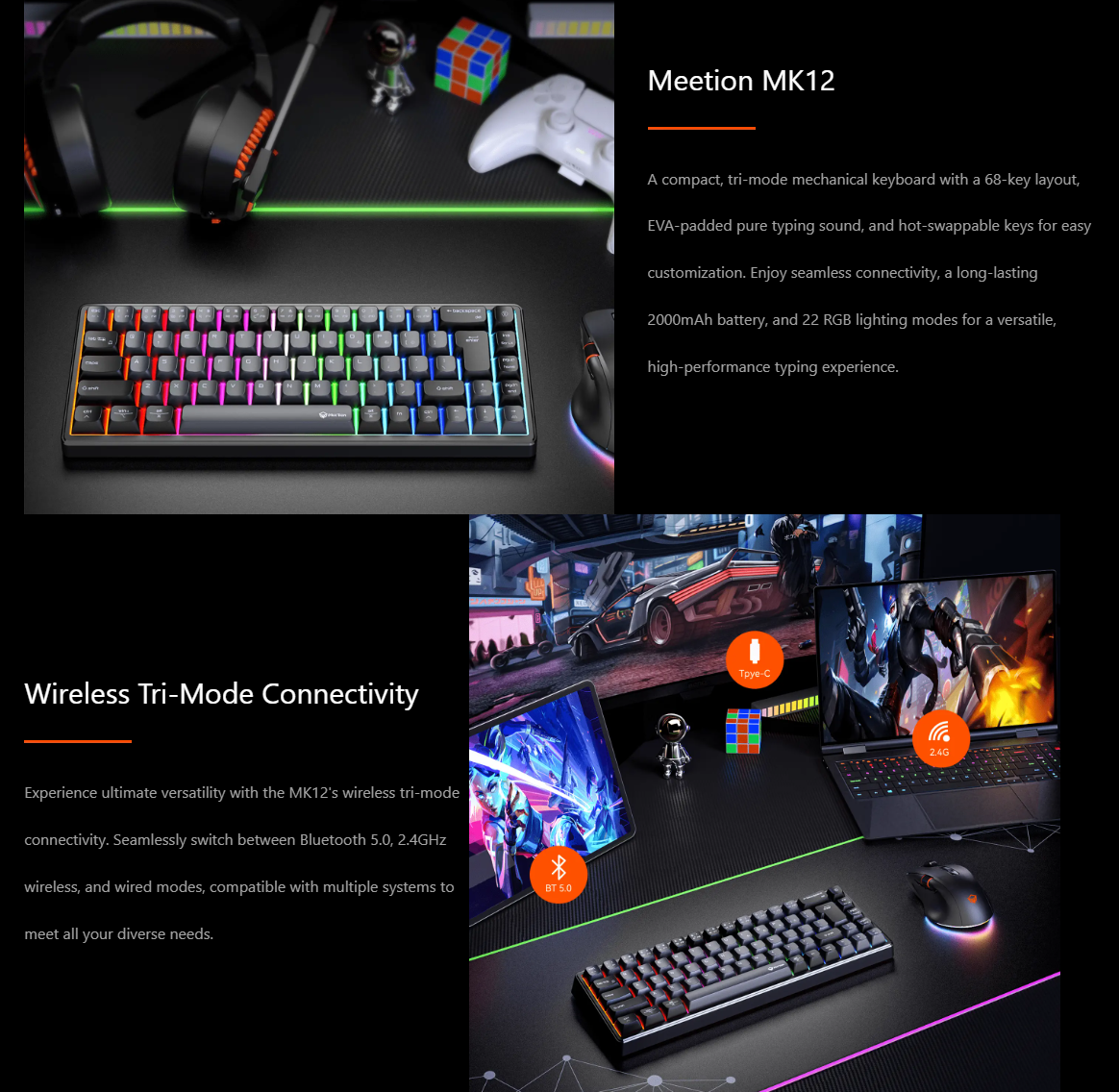 Meetion MK12 Wireless Gaming Keyboard Triple-Mode RGB [Black, White ...