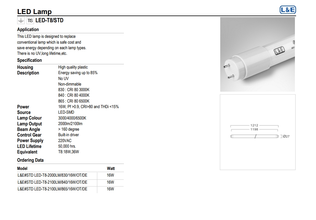L&E หลอดไฟ LED รุ่น STD LED-T8 16 วัตต์ อายุการใช้งาน 50,000 ชั่วโมง ...