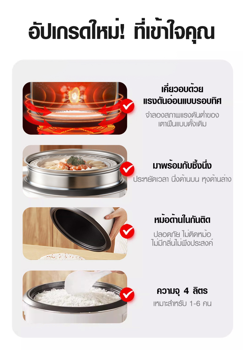 AOQU หม้อข้าว 4L หม้อนึ่ง หม้อปรุงอาหาร Rice Cooker หม้อหุงข้าวมัลติฟั ...