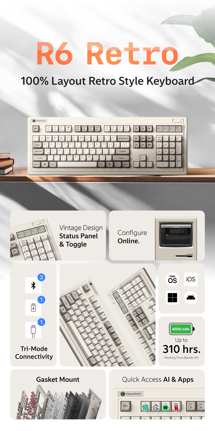 [ส่งด่วน] Keychron R6 Retro 100% Wireless Mechanical Keyboard คีย์บอร์ด ...