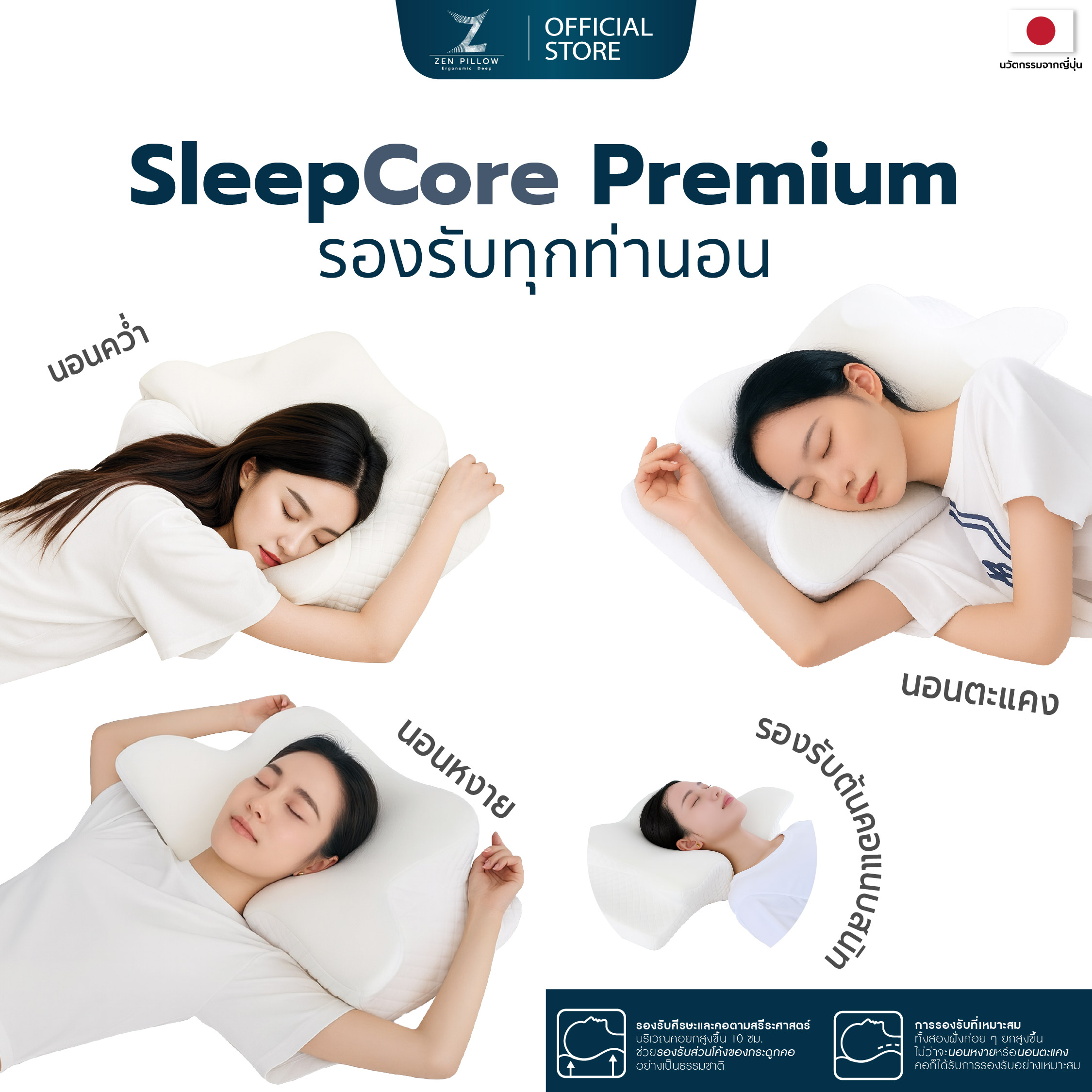 Zen Pillow Sleepcore Premium สีขาวครีม หมอนสุขภาพ เมมโมรี่โฟม นุ่มสบาย ...