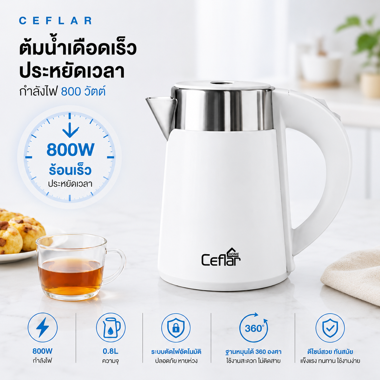 CEFLAR กาต้มน้ำไฟฟ้า 0.8L CG-05 ร้อนเร็ว ตัดไฟอัตโนมัติ ประหยัดไฟ พกพา ...