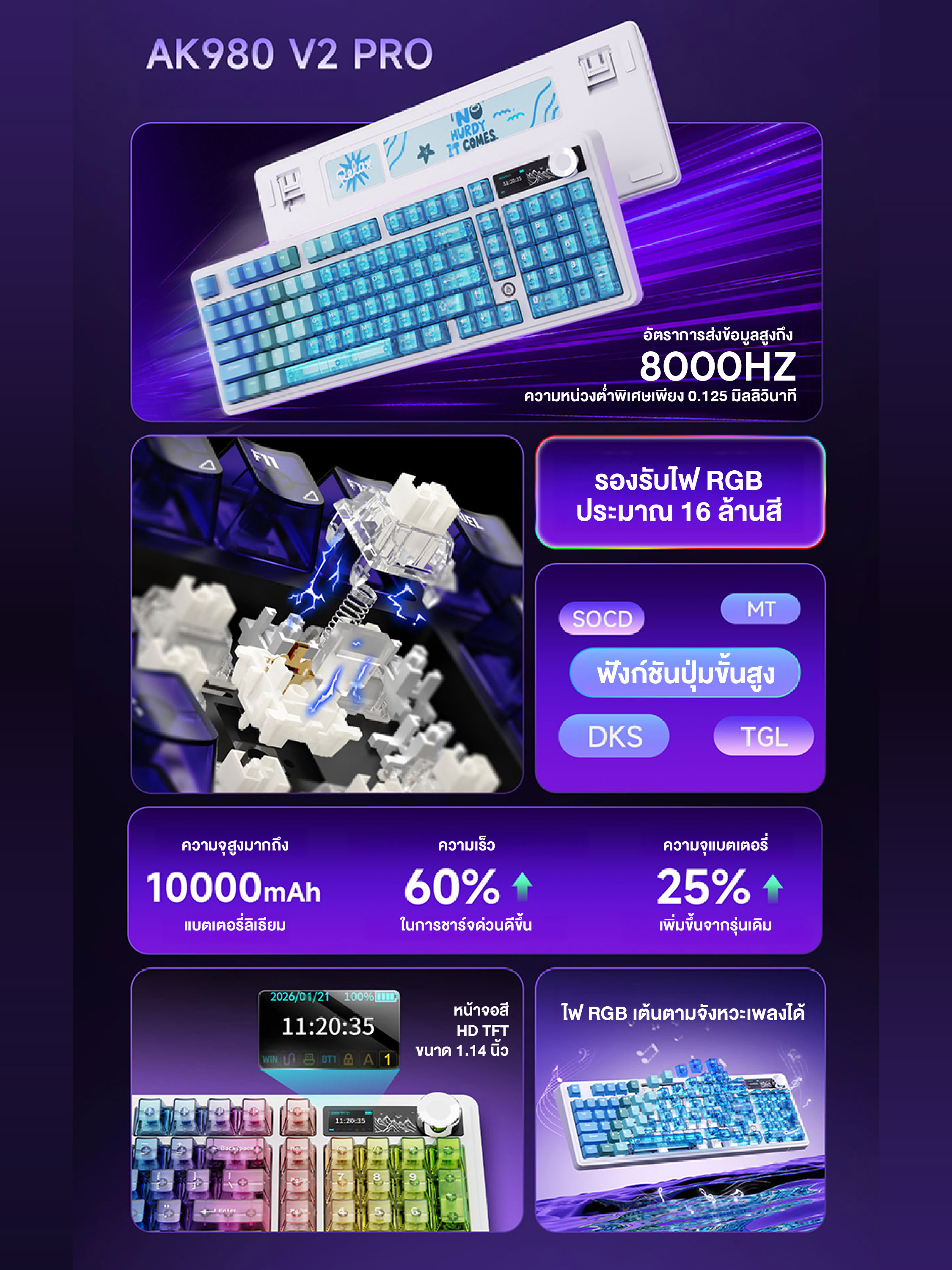 คีย์บอร์ดเกมมิ่ง Ajazz AK980 V2 Pro 8K+8K Gasket Tri-Mod Mechanical ...