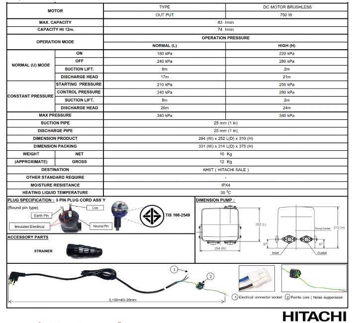 Hitachi ฮิตาชิ ปั๊มน้ำอัตโนมัติชนิดอินเวอร์เตอร์ 750 วัตต์ Shallow Well ...