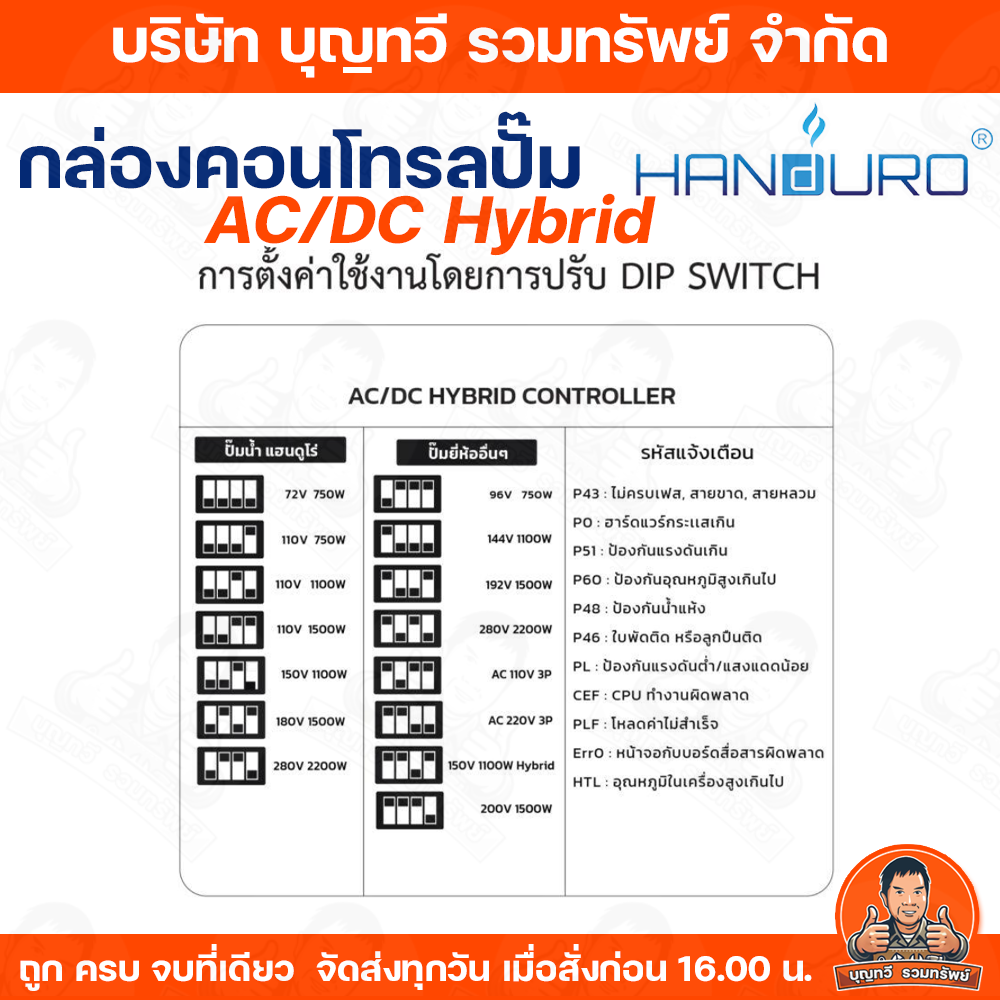 HANDURO กล่องควบคุมปั๊มน้ำโซล่าเซลล์ AC/DC Hybrid controller Box 750W ...