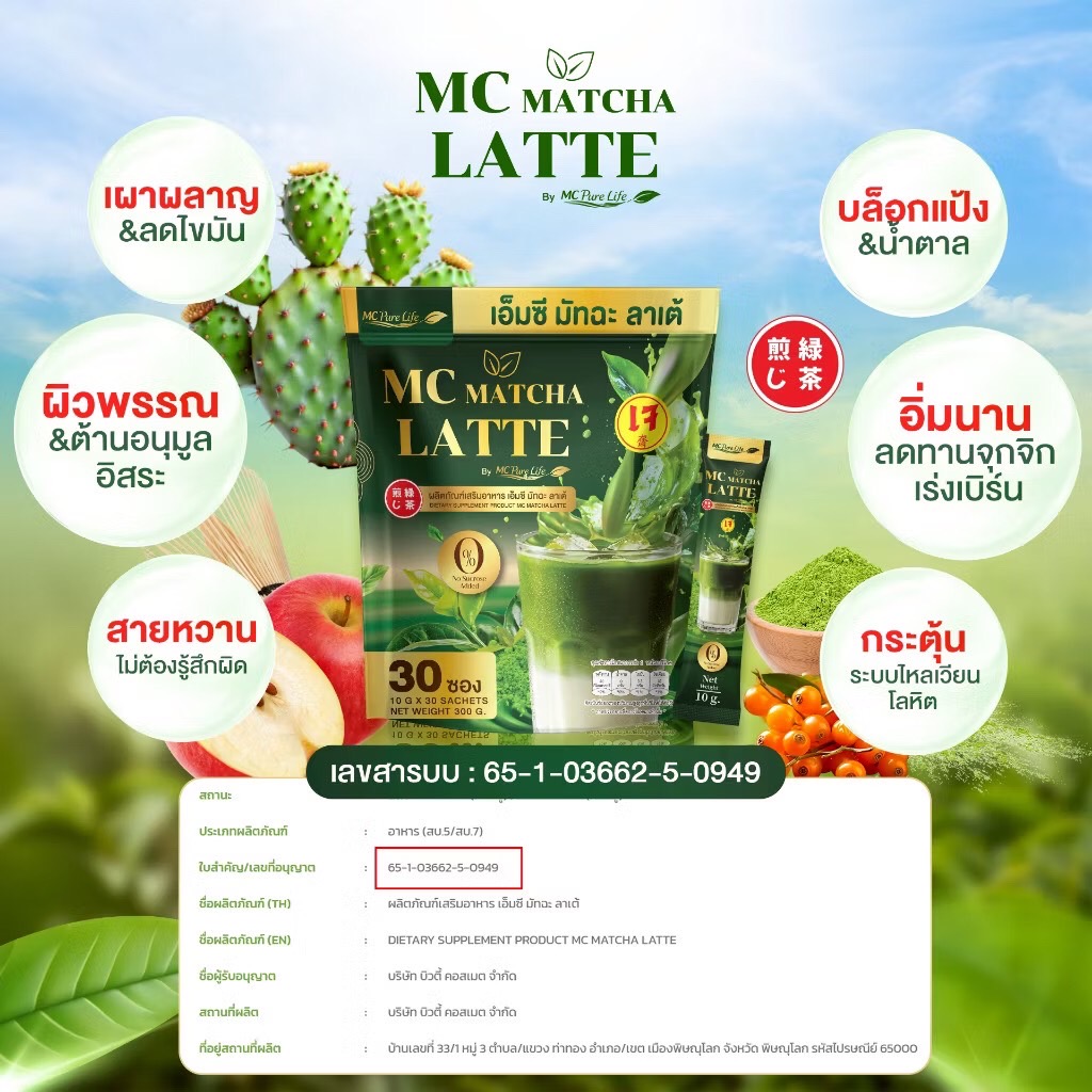 MC Matcha Latte เอ็มซี มัทฉะ ลาเต้ 1 ถุง 30ซอง บล็อกแป้ง &น้ำตาล อิ่ม ...