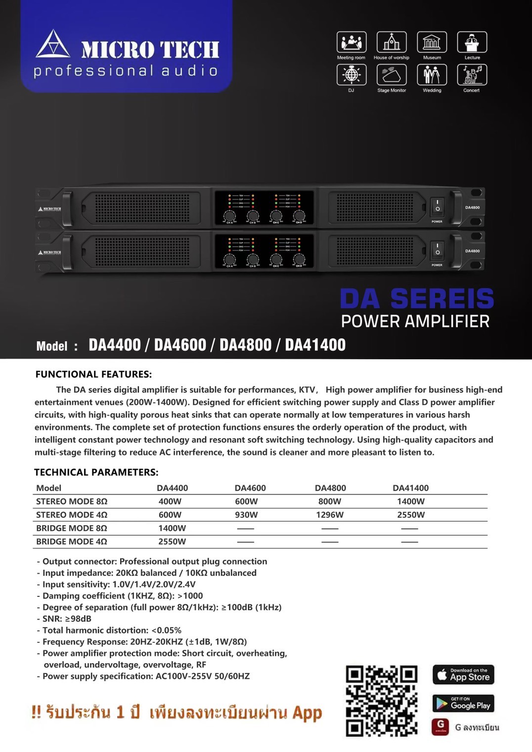 MICROTECH DA41400 เพาเวอร์แอมป์ 4CH x 1400W ที่ 8ohm คลาส D Switching ...