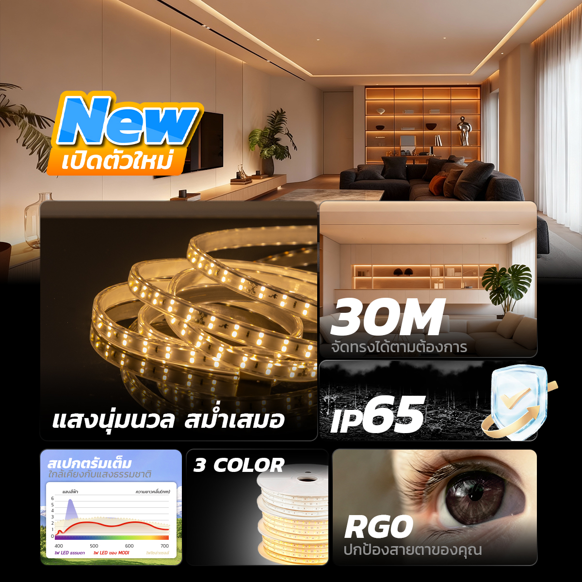MODI ไฟริบบิ้น AC220V 20M 30M Led Strip Light เหมาะสำหรับใช้ภายในอาคาร ...