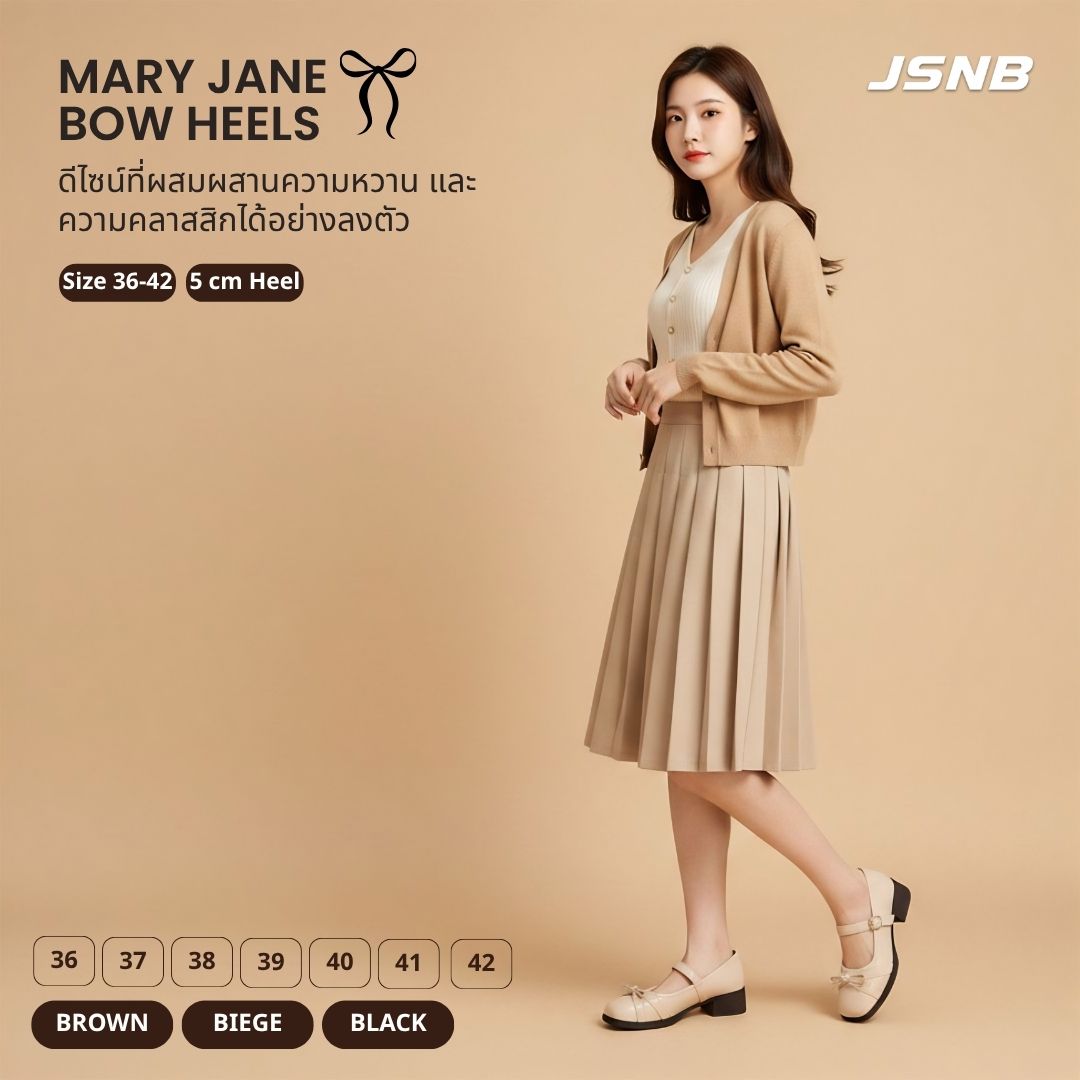 JSNB รองเท้าผู้หญิง แมรี่เจนโบว์ หัวกลม ส้นเตี้ย สไตล์เกาหลี ใส่ทำงานเด ...