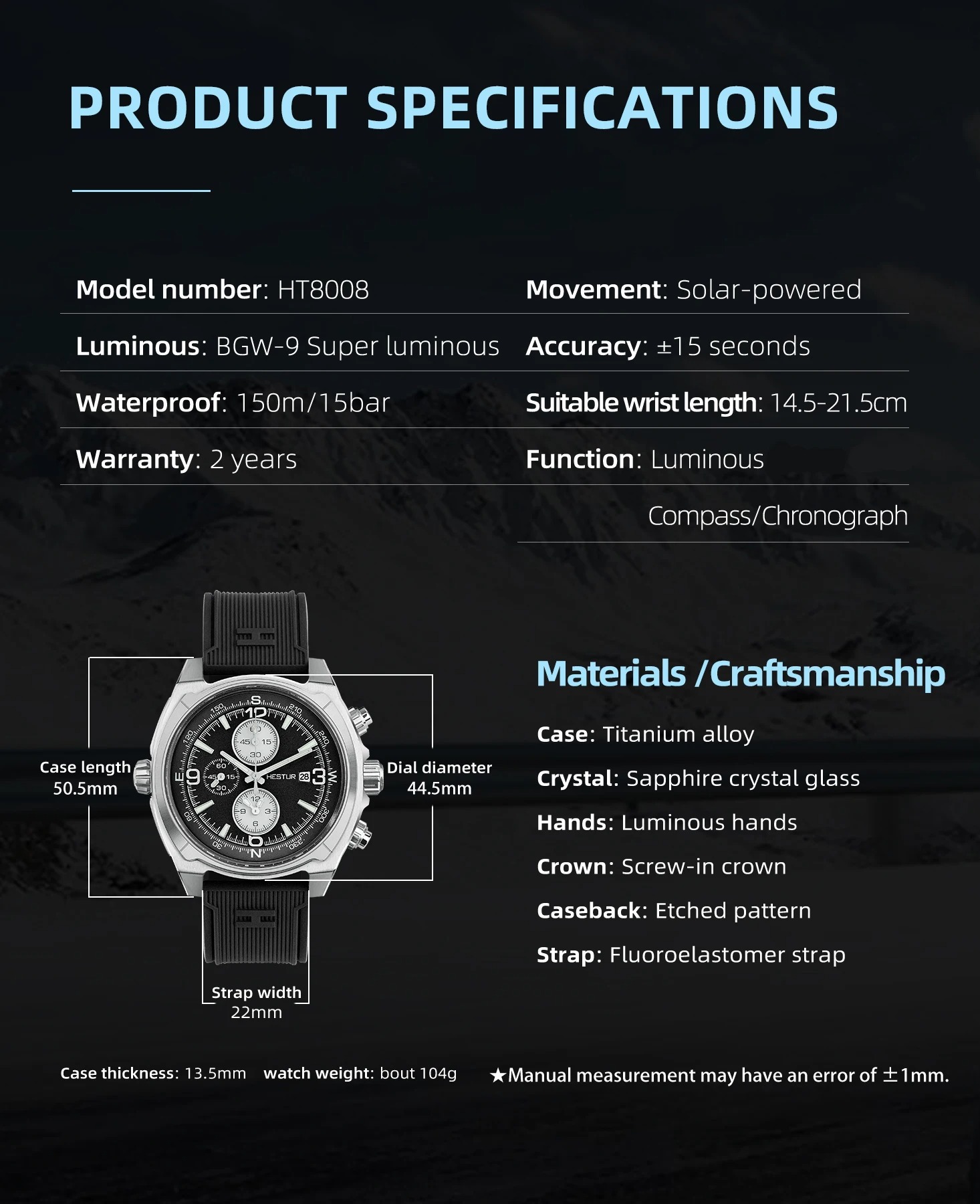 [Pre-order][Solar] Hestur Military Titanium Tactical Watch 45MM BGW9 AR ...