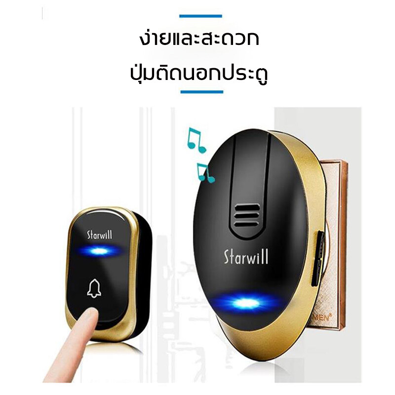 กริ่งประตูไร้สาย STARWILL ระยะ 500 ม. 45 เสียง กันฝน 220V 1 ปุ่ม 1 ...
