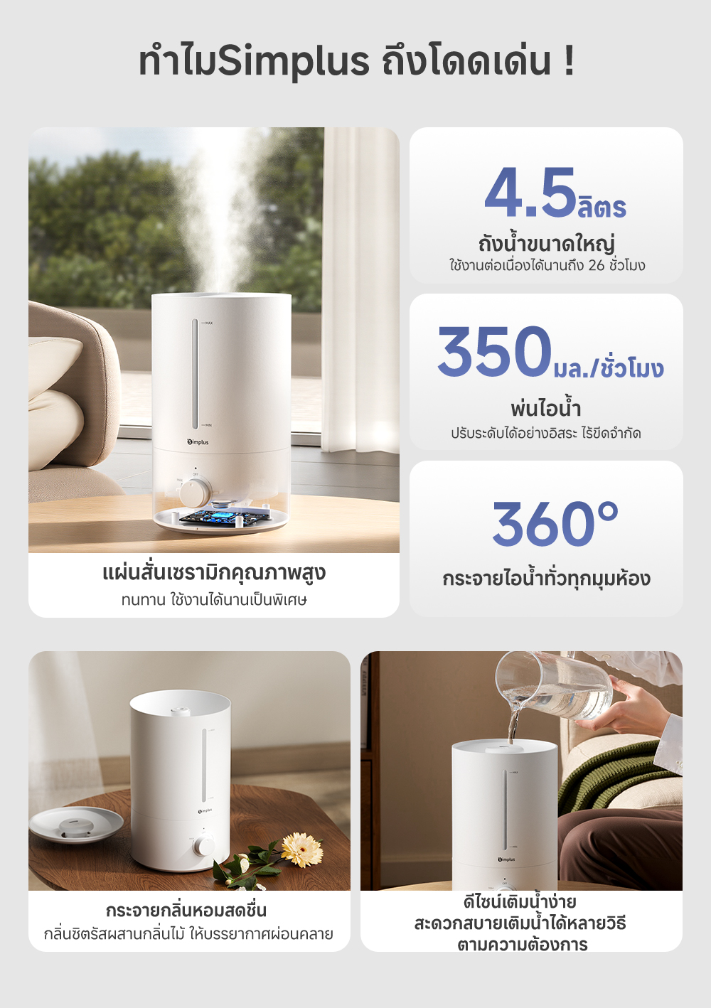Simplus เครื่องเพิ่มความชื้น 4.5L เติมน้ำบน เงียบ 35dB ปรับไอน้ำ 360 ...