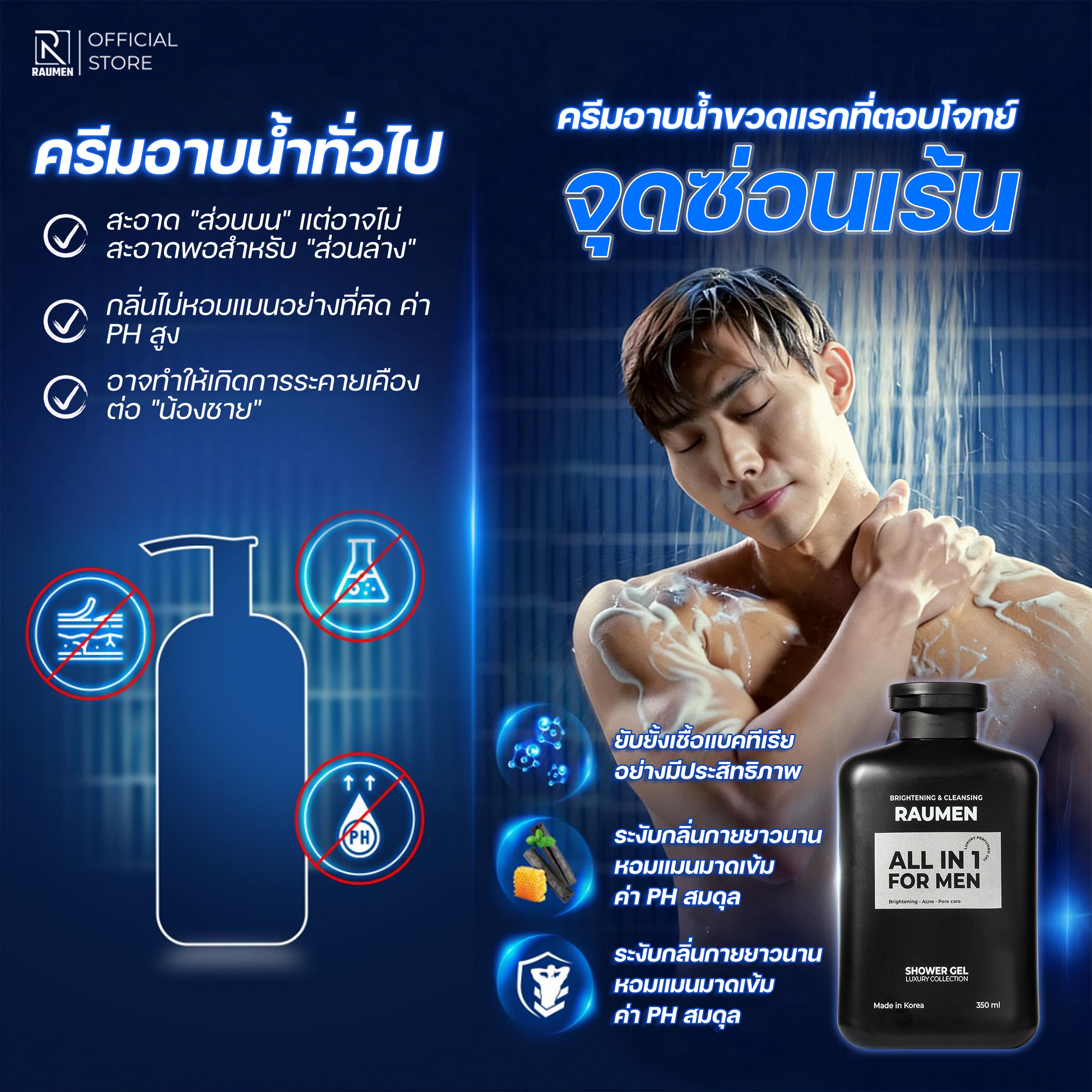 COMBO 3 ครีมอาบน้ำสำหรับผู้ชาย RAUMEN ALL IN 1 ช่วยบำรุงผิวขาว และ ให้ ...