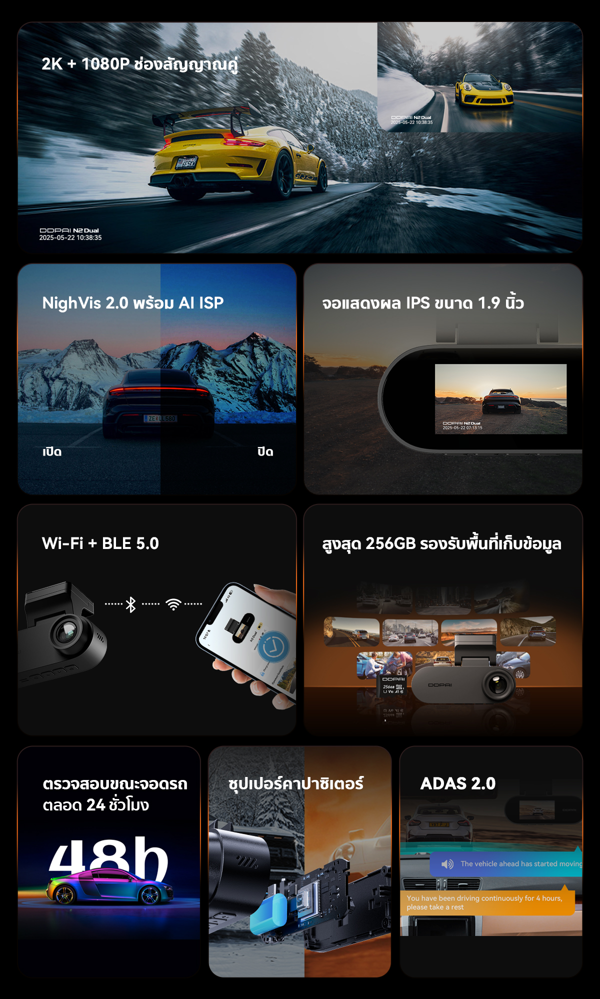 DDPAI N2 Dual กล้องติดรถยนต์ Dash Cam 2K+1080P NighVis 2.0 จอแสดงผล IPS ขนาด 1.9 นิ้ว ซุปเปอร์คาปาซิเตอร์ ADAS 2.0