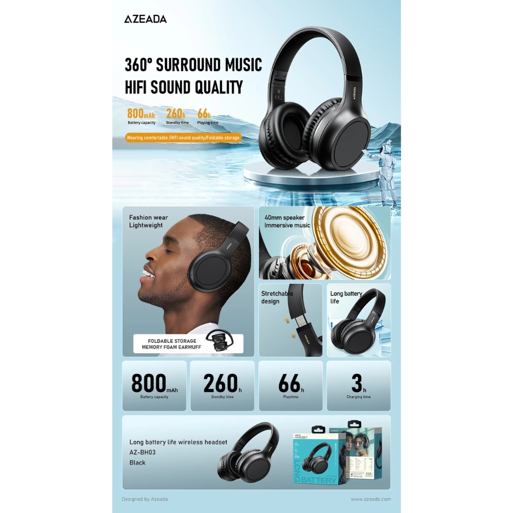 (NEW) Azeada รุ่น AZ-BH03 หูฟัง Over the Ear หูฟังชุดหูฟังไฮไฟหูฟังไร้ ...