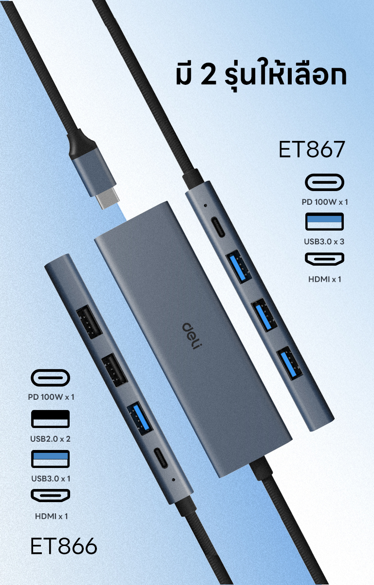 Deli อะแดปเตอร์ USB HUB Type-C ความเร็วสูงสุด 5Gbps PD100W/USB 3.0/USB ...