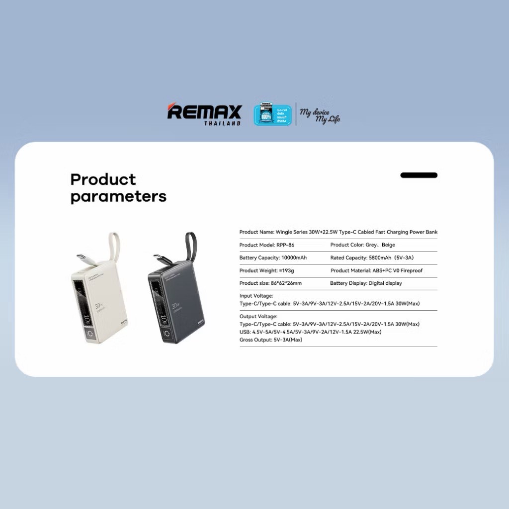 [ CCC ] Remax Power Bank รุ่น RPP-86 แบตสำรอง ความจุ 10000mAh สายชาร์จ ...