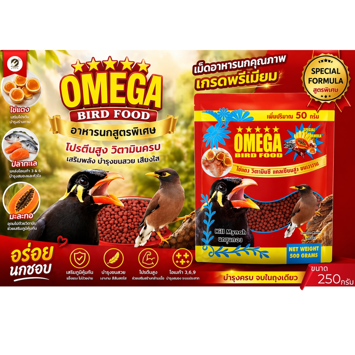 OMEGA Bird Food อาหารนกสูตรพรีเมียม (250 กรัม) เหมาะสำหรับนกกินผลไม้และ ...