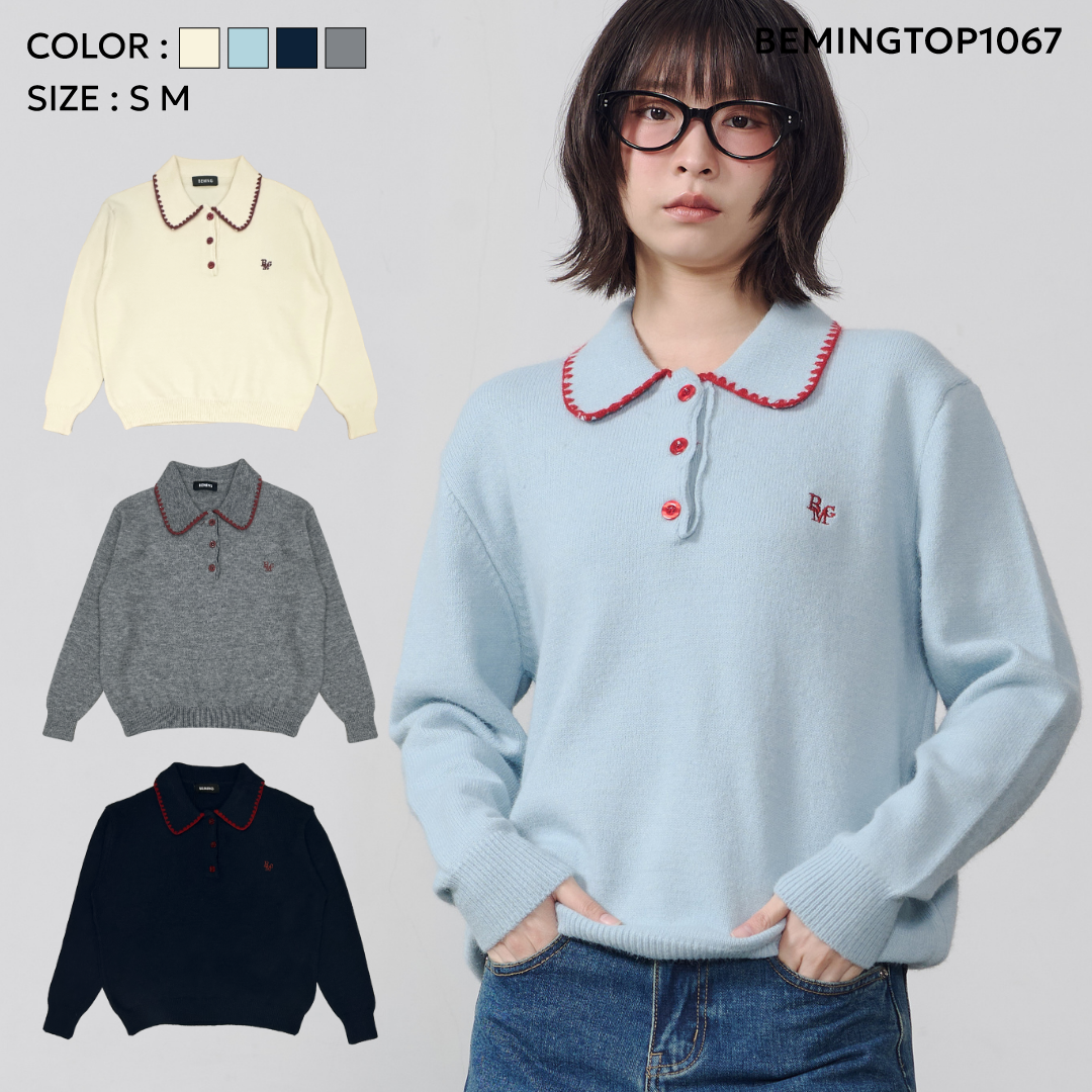 Bemingtop1067(S-M)-BMG Bow Collar Knit Polo - เสื้อคอปกที่เพิ่มความ ...