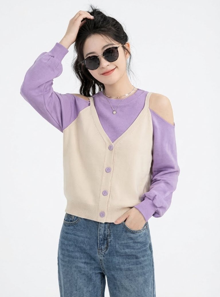 เซ็ต2ชิ้น (ติดกัน) เสื้อยืดแขนยาวเปิดไหล่ สีม่วง จั๋มคอและปลายแขน แมตช์ ...