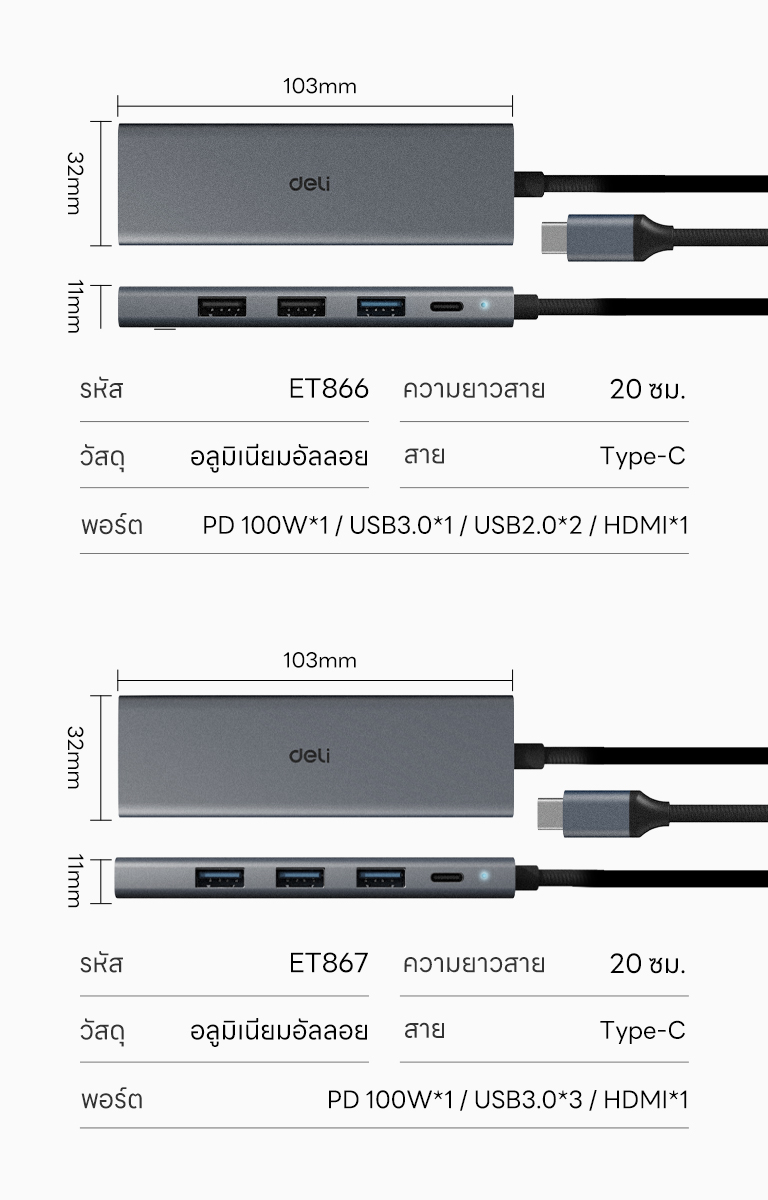 Deli อะแดปเตอร์ USB HUB Type-C ความเร็วสูงสุด 5Gbps PD100W/USB 3.0/USB ...