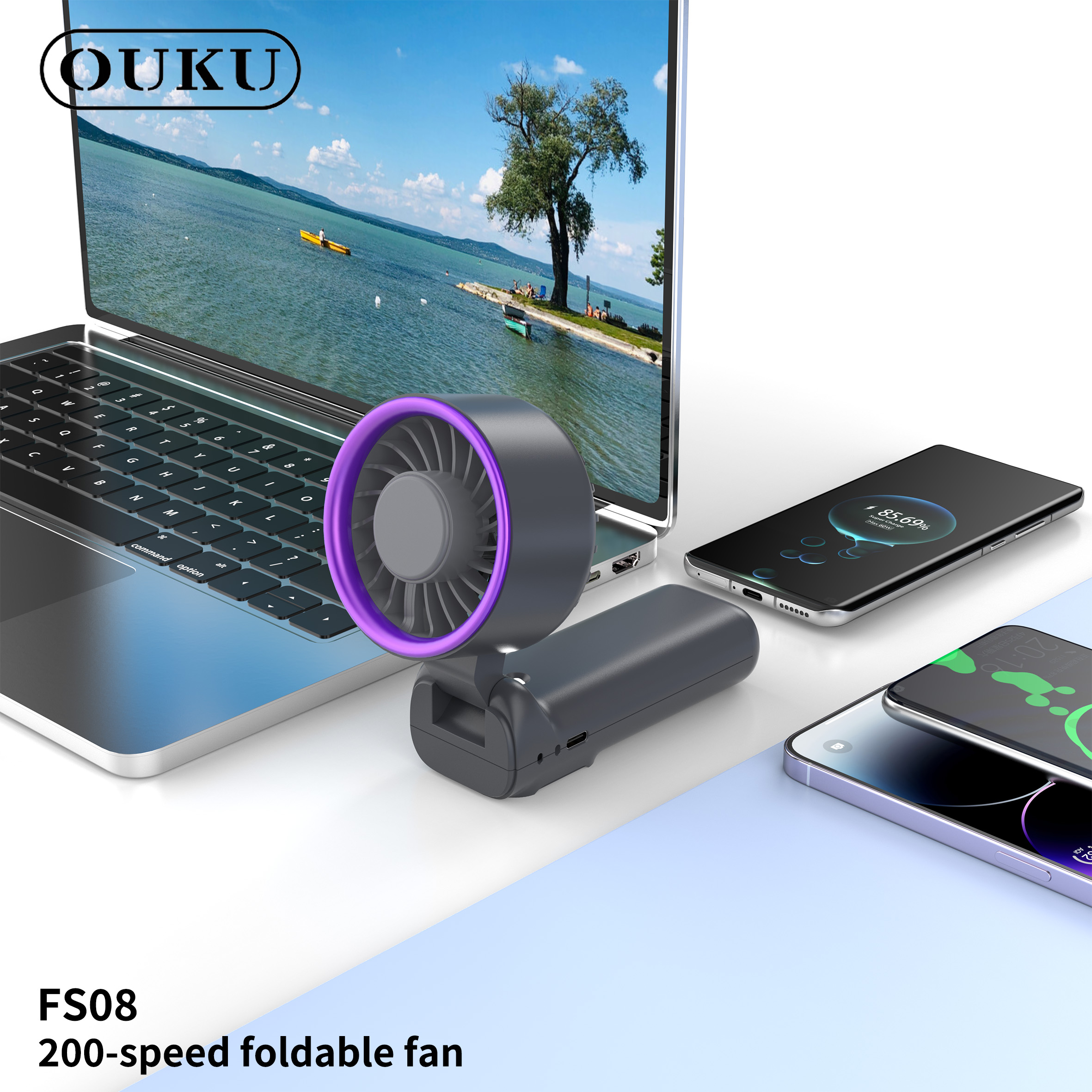 พัดลมพกพาแรงลมสูง แบบพับได้ OUKU FS08/FS08 PLUS มีจอ LED แสดงผล พร้อมไฟ ...