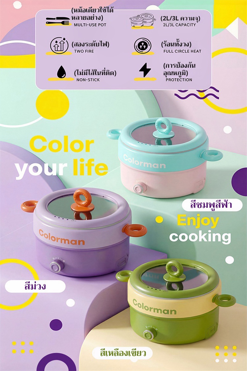 Colorman 20 & 24cm หม้อไฟฟ้าอเนกประสงค์ หุง อุ่น ตุ๋น ต้ม เคลือบเทปล่อน ...