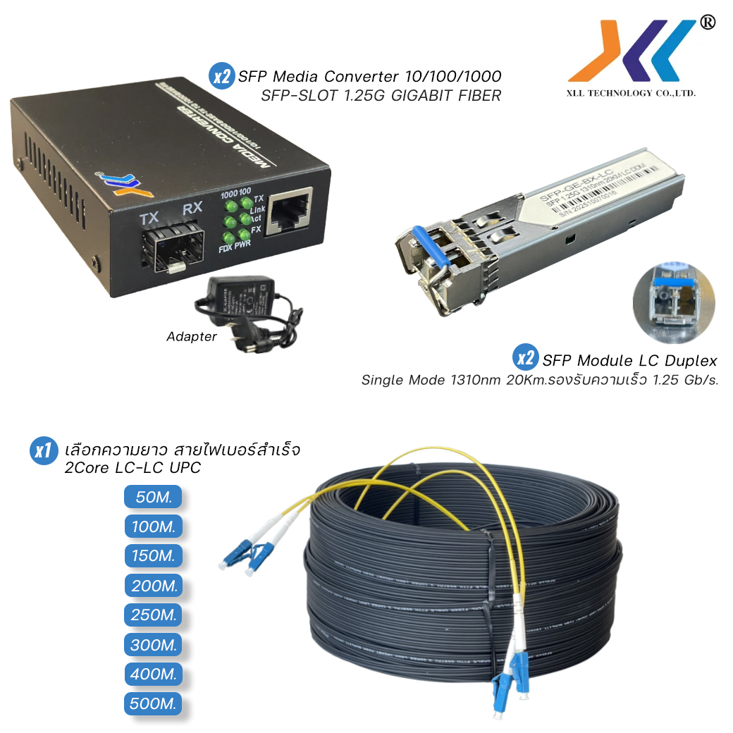 XLL SET Media Converter SFP Slot+SFP Module LC Duplex พร้อมสายไฟเบอร์ ...
