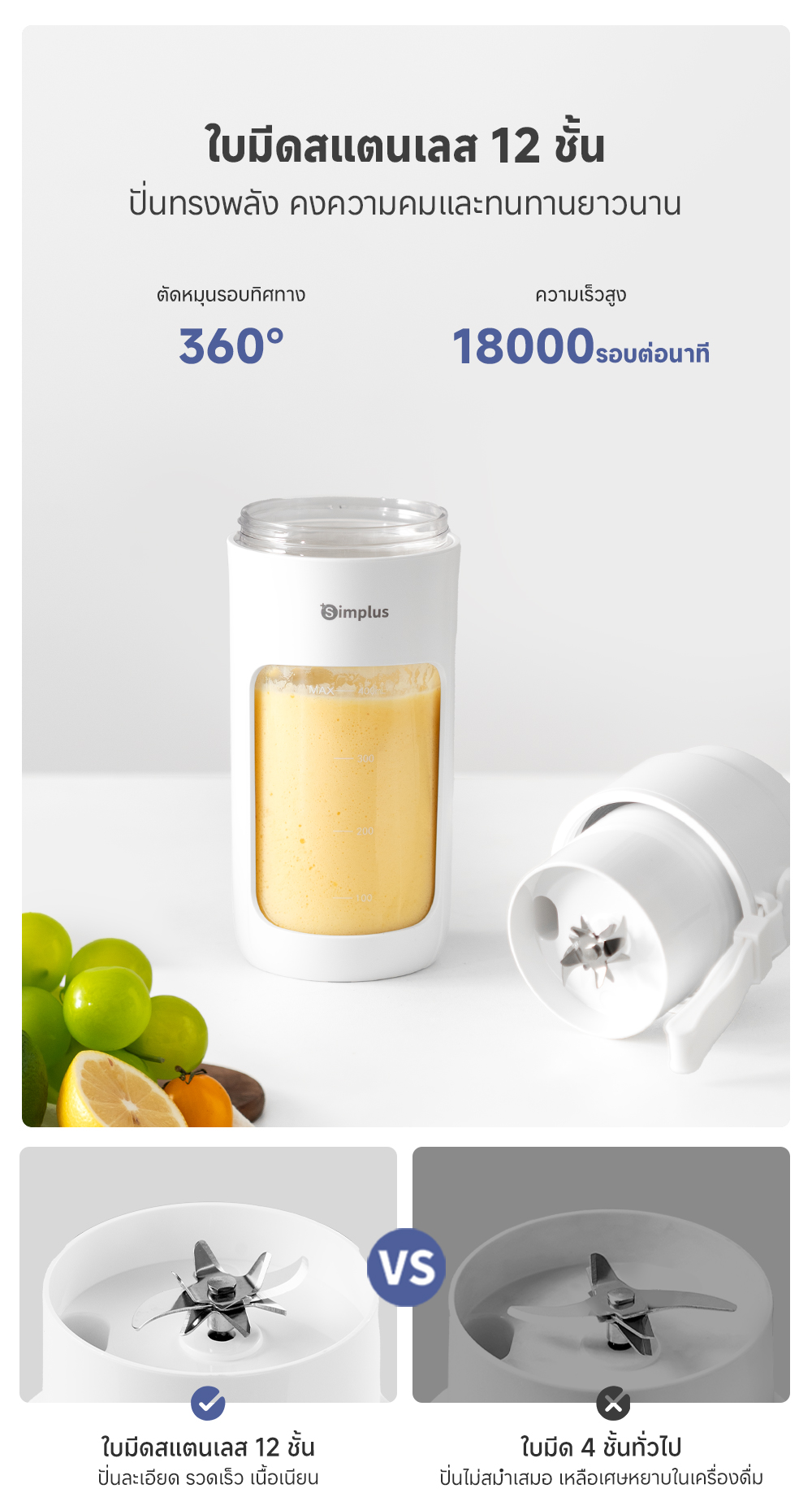 Simplus X INSSA แก้วปั่นน้ำผลไม้ น้ำผัก ไร้สายแบบพกพา ความจุ 400mL มัล ...