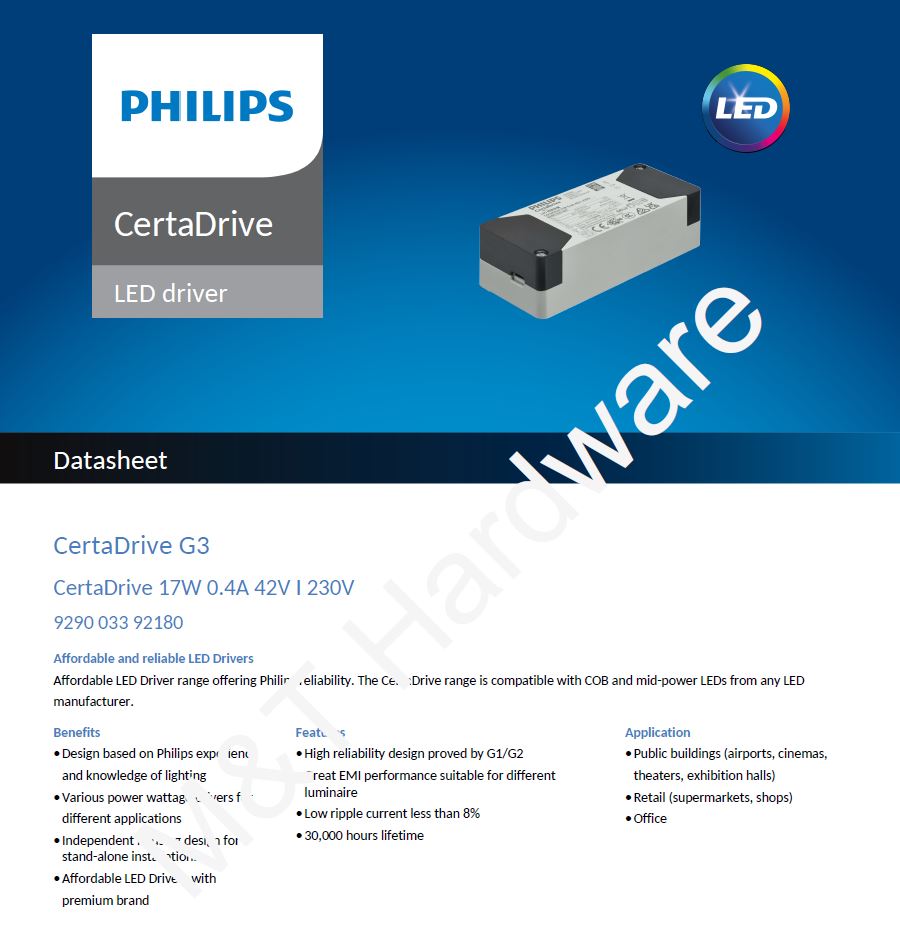 PHILIPS ฟิลิปส์ ไดร์เวอร์ LED DRIVER # CertaDrive 17W 0.4A 42V/230V G3 ...