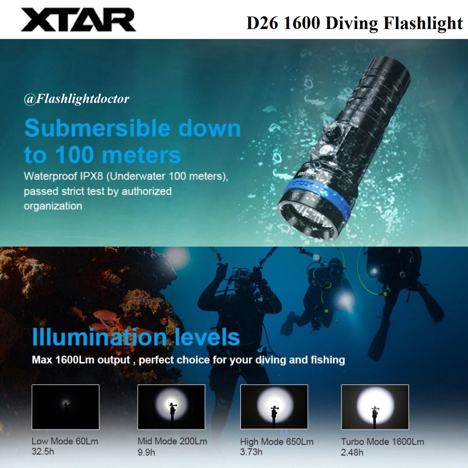 ไฟฉายดำน้ำ XTAR D26 1600S 100M Diving Flashlight ใต้น้ำลึกสูงสุด 100m ...