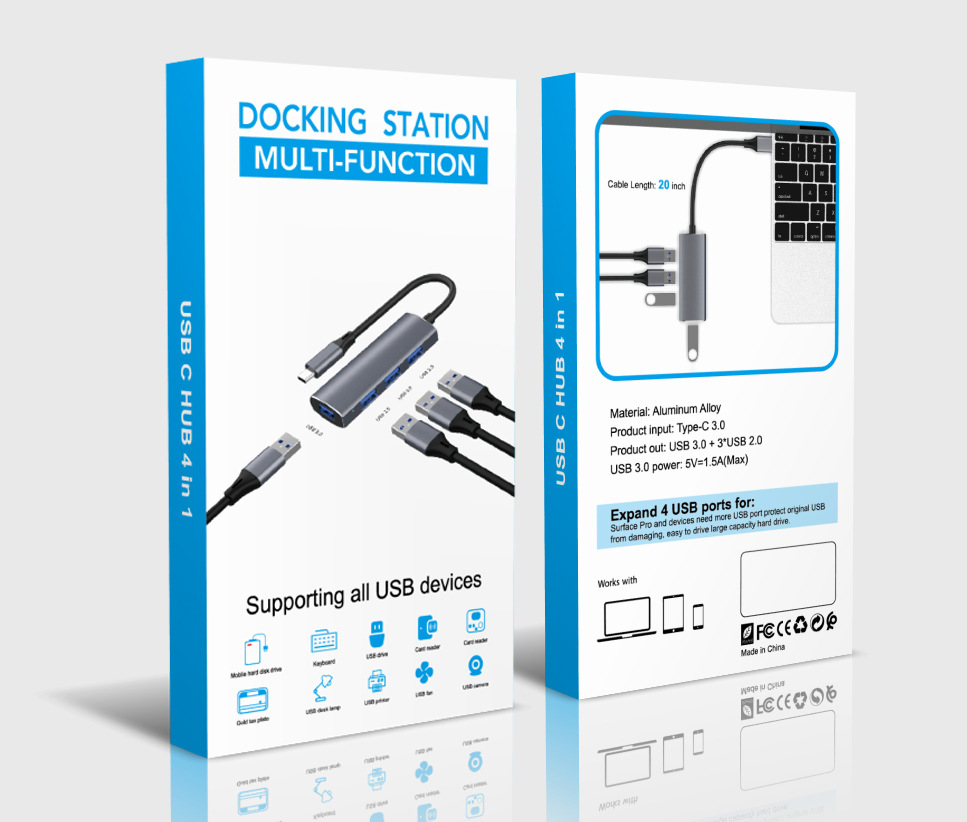 USB Hub 4 Ports Aluminum USB 3.0 + USB 2.0 สาย 15cm ขนาดเล็ก สำหรับ ...