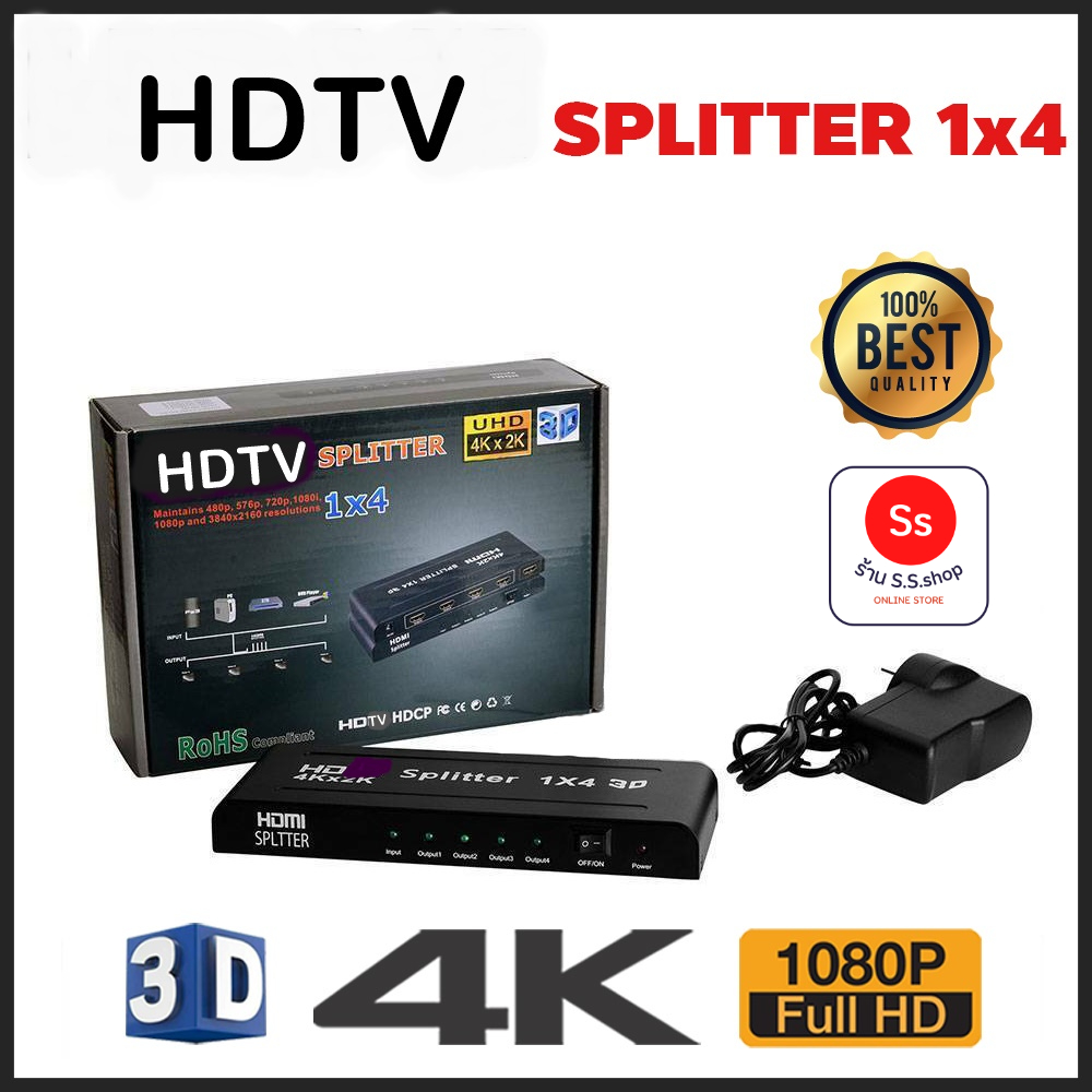 ภาพหน้าปกสินค้าHDTV Splitter Amplifier 4Way 1x4 Hub 1 in 4 out 1080p 4k