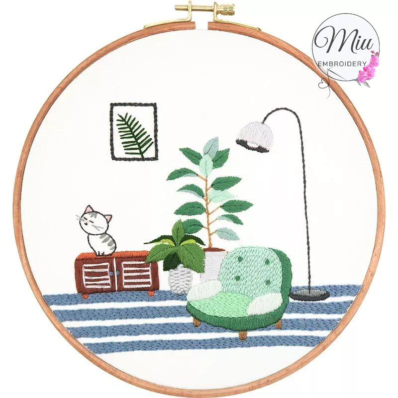 ชุดปักลายแมว-ขนาด-20cm-cat-and-plant-diy-embroidery-kit-20cm