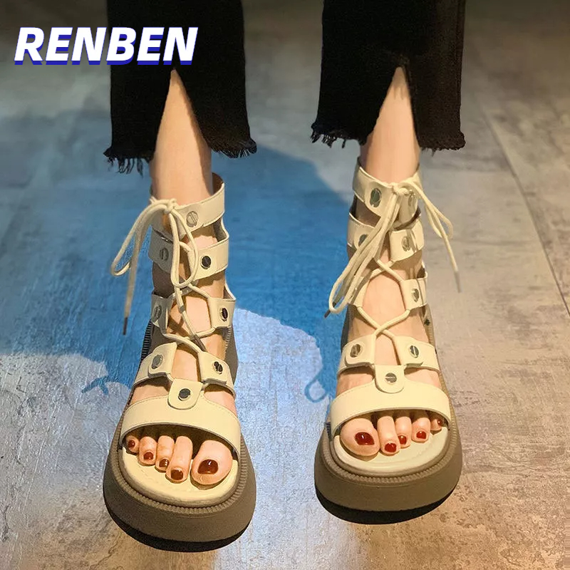 renbenรองเท้าผู้หญิง-รองเท้าแตะโรมัน-รูปแบบใหม่-พื้นแบน-ส้นสูง-ผูกเชือก-รองเท้าแฟชั่น-ส้นหนา-ผูกเชือก