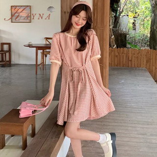 KAYNA ผู้หญิงชุดฤดูใบไม้ผลิและฤดูร้อนใหม่สไตล์เกาหลีชุดลายสก๊อตขนาดใหญ่ลูกไม้ผู้หญิงเอวอา