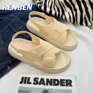 RENBEN เวอร์ชั่นเกาหลีรองเท้าแตะหัวเข็มขัดสีทึบเรียบง่ายของผู้หญิงแพลตฟอร์มกันลื่นสวมรองเท้าชายหาดริมทะเลรองเท้าแตะผู้หญิง