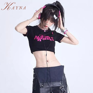 KAYNA ผู้หญิงสั้น-แขนสั้นเสื้อยืดผู้หญิงฤดูใบไม้ผลิและฤดูร้อนจดหมายรอบคอเสื้อสวมหัวกับด้านบนบอ