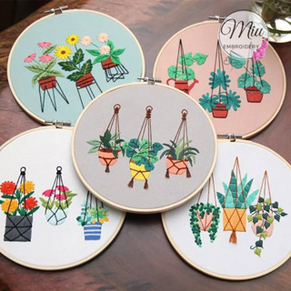 ชุดปักกระถางดอกไม้ ฟรีสะดึงขนาด 20cm. Hanging Pot DIY Embroidery Kit 20cm