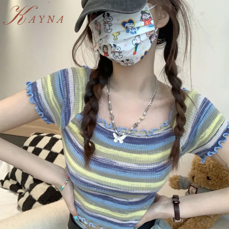 kayna-ผู้หญิงเสื้อยืดสาวร้อนหนึ่งไหล่สั้นหูไม้ฤดูร้อนเก๋ภายในแขนสั้นเสื้อยืดด้านบนของผู้หญิงเสื้อ