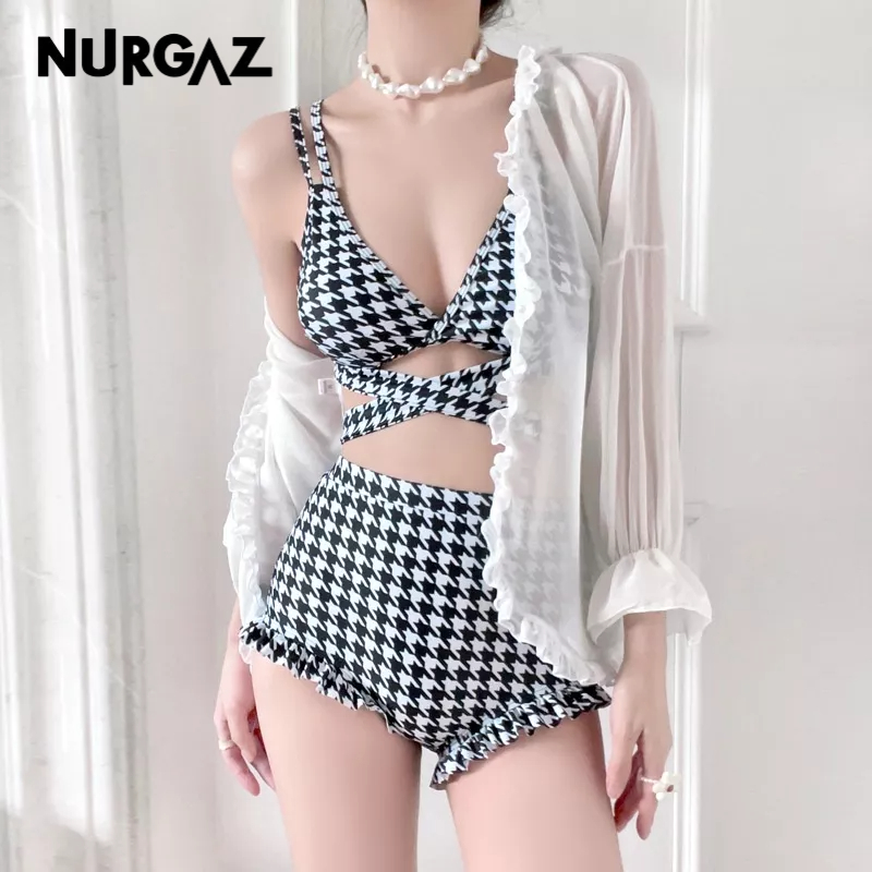 nurgaz-ชุดว่ายน้ำน้ำพุร้อนหญิงของ-song-zhiya-แยกบิกินี่-houndstooth-สไตล์เซ็กซี่ที่บริสุทธิ์