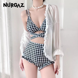 NURGAZ ชุดว่ายน้ำน้ำพุร้อนหญิงของ Song Zhiya แยกบิกินี่ houndstooth สไตล์เซ็กซี่ที่บริสุทธิ์