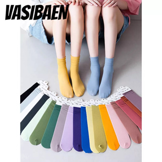Vasibaen ถุงเท้ายาวปานกลาง ผ้ากํามะหยี่ขนนิ่ม สีพื้น แฟชั่นฤดูใบไม้ผลิ และฤดูใบไม้ร่วง สําหรับผู้หญิง