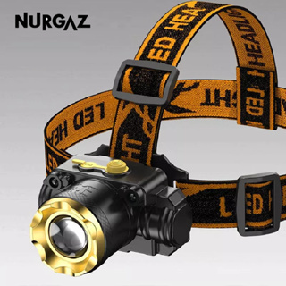 NURGAZ ไฟหน้า LED ไฟแรงแบบชาร์จไฟได้ระยะไกลติดหัวไฟฉายคืนที่สว่างสดใสของนักตกปลา