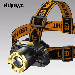 NURGAZ ไฟหน้า LED ไฟแรงแบบชาร์จไฟได้ระยะไกลติดหัวไฟฉายคืนที่สว่างสดใสของนักตกปลา
