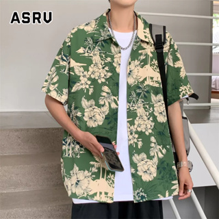 ASRV เสื้อเชิ้ตผู้ชาย เสื้อฮาวาย ลายดอกไม้ แขนสั้นสีเขียวฤดูร้อนส่วนบางสไตล์ฮ่องกงย้อนยุคลำลอง