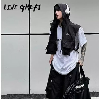 Live GREAT เสื้อแจ็กเก็ตสั้น เสื้อกั๊กยุทธวิธี แฟชั่นใหม่ สไตล์อเมริกัน สําหรับผู้ชาย