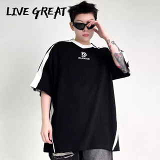 LIVE GREAT เสื้อยืดสีไหล่เรโทรอเมริกันย้อนยุคชายและหญิงฤดูร้อนขนาดใหญ่คู่หลวมแขนสั้น