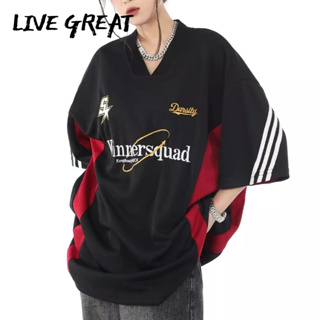 LIVE GREAT ใหม่ตัวอักษรที่เรียบง่ายคอกลมเสื้อยืดดิจิตอลแฟชั่นสตรีแนวโน้มในด้านบนหลวม