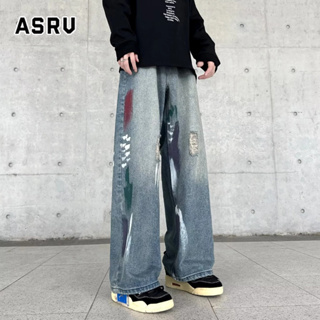 ASRV ล้างฉีกกางเกงยีนส์ผู้ชายออกแบบฤดูร้อนความรู้สึกเฉพาะหลวมขากว้างตรงกางเกงสไตล์อเมริกัน